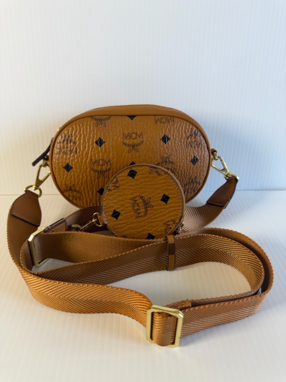 MCM Cognac Visetos Logo Crossbody with Coin Pouch